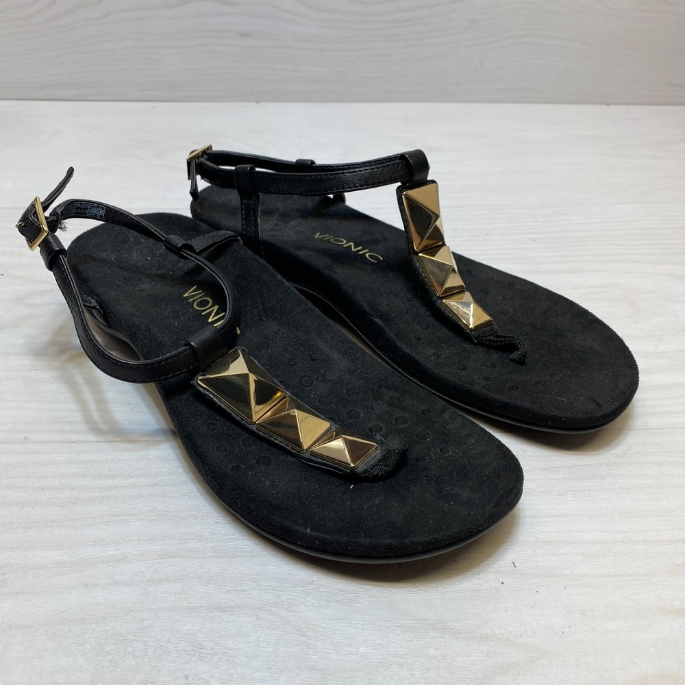 Vionic Nala Sling T-strap Sandals Womens Size 9 Black Gold Pyramid Studs Buckle
